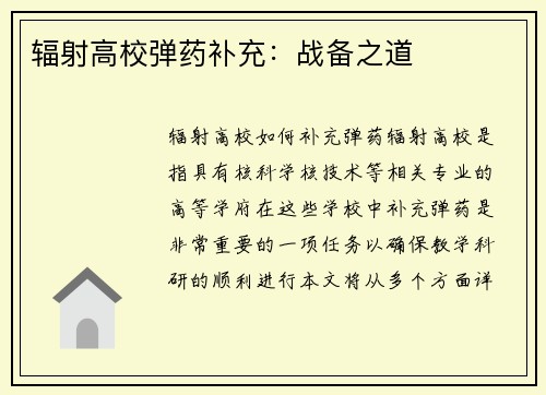 辐射高校弹药补充：战备之道